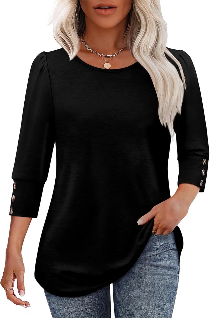 OFEEFAN Womens Tops 3/4 Sleeve with Buttons Dressy Casual Blouses Summer Outfits Beach Vacation Plus Size Spring Clothes - Image 2